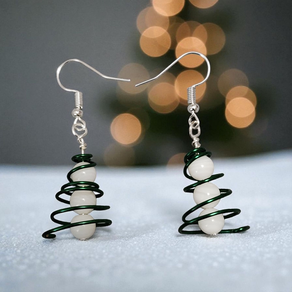 Elegant Green and White Shell Beads Spiral Earrings